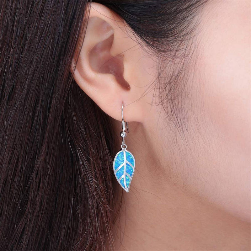 Fashion Opal Leaf Drop Dangling Earrings-Blue