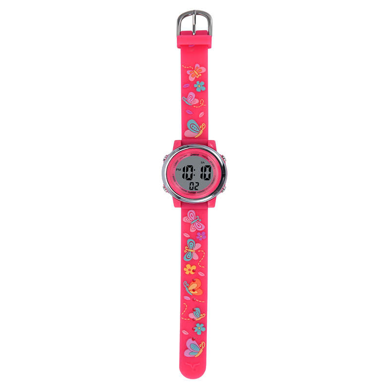 Girls Digital Sport Watches LED with 7 Colors Backlight 3D Butterfly Wristwatch-Red