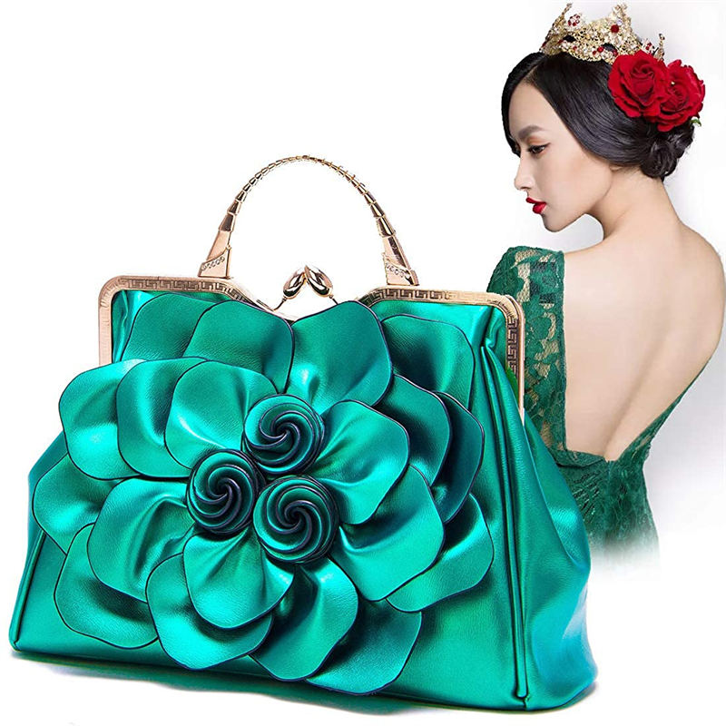 Womens Rose Flower Evening Clutches Formal Party Totes Shoulder Bag-Green