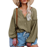 Womens Deep V Neck Lantern Sleeve Blouse Button Down Pullover Tops-Army Green