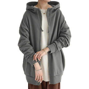 Womens Long Fleece Sweatshirt Simple Full Zip Hoodies-Gray