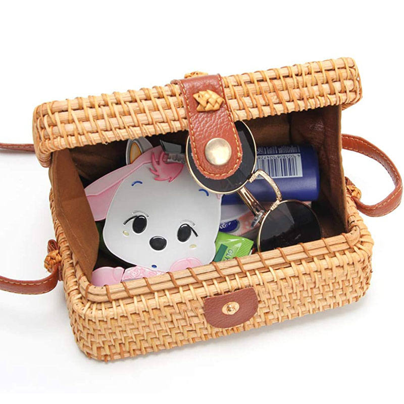Womens Square Crossbady Rattan Bag Boho Braided Handbag