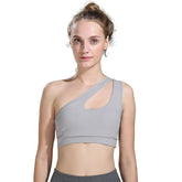 One Shoulder Sports Bra Removable Padded Sexy Cute Workout Top-Grey