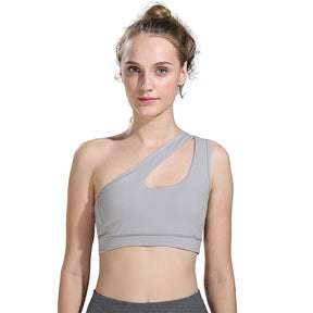One Shoulder Sports Bra Removable Padded Sexy Cute Workout Top-Grey