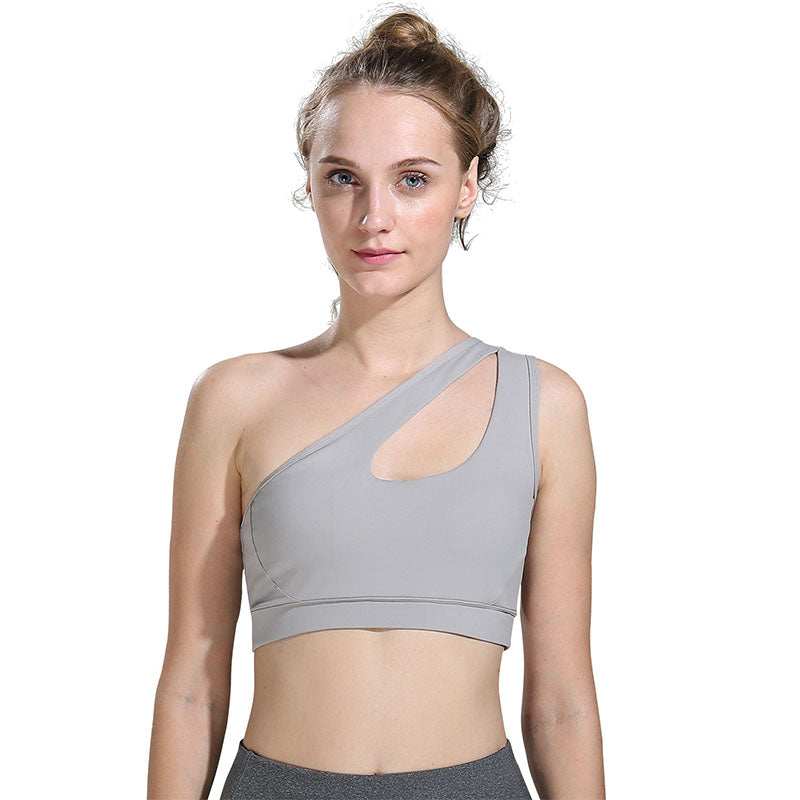 One Shoulder Sports Bra Removable Padded Sexy Cute Workout Top-Grey