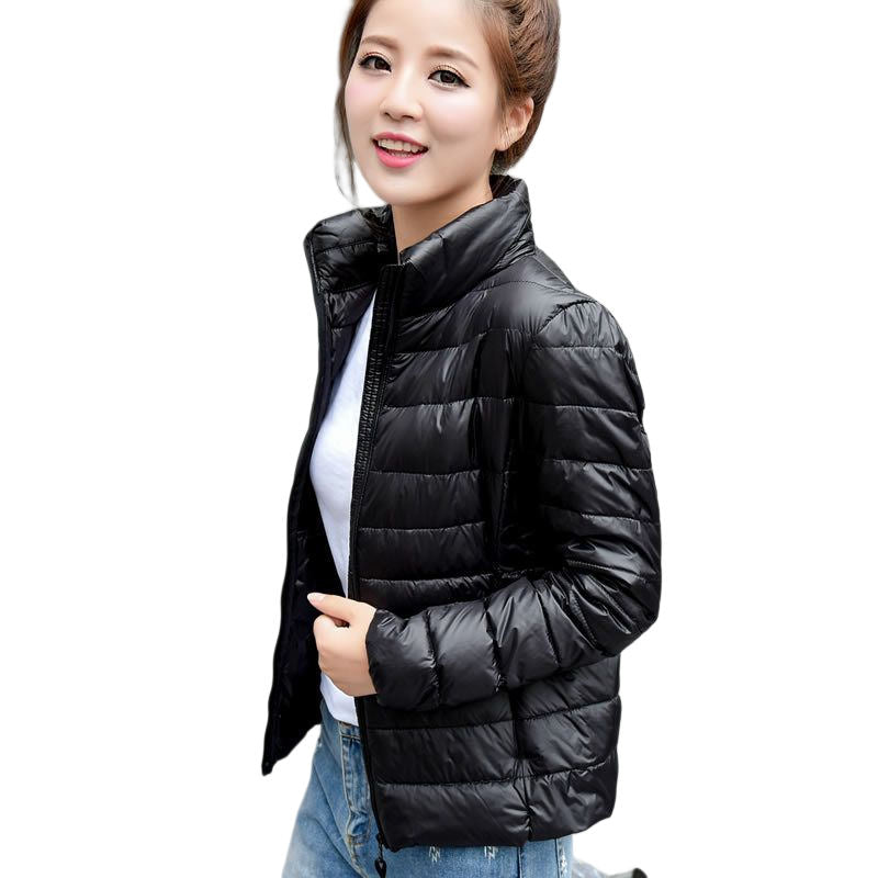 Lookbook Womens Lightweight Puffer Jacket Winter Stand Collar Short Coat-Black