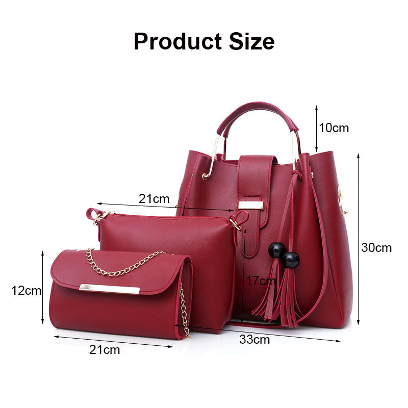 3Pcs Women Fashion Handbags Wallet Tote Bag Shoulder Bag Set-Red