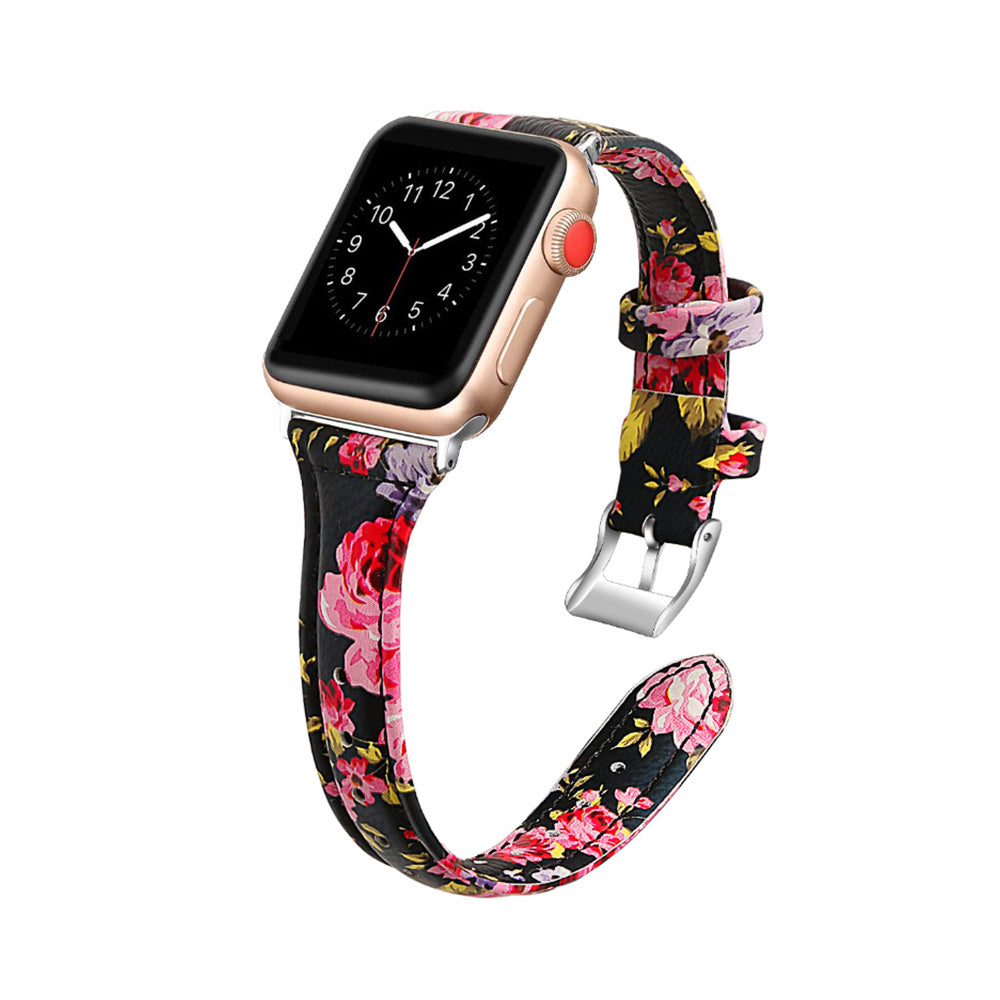 Slim Flower Printed Leather Watch Band For Apple Watch SE/6/5/4/3/2/1(Pink Flower)