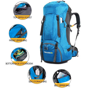 60L Waterproof Lightweight Hiking Backpack with Rain Cover for Climbing Camping-Light Blue