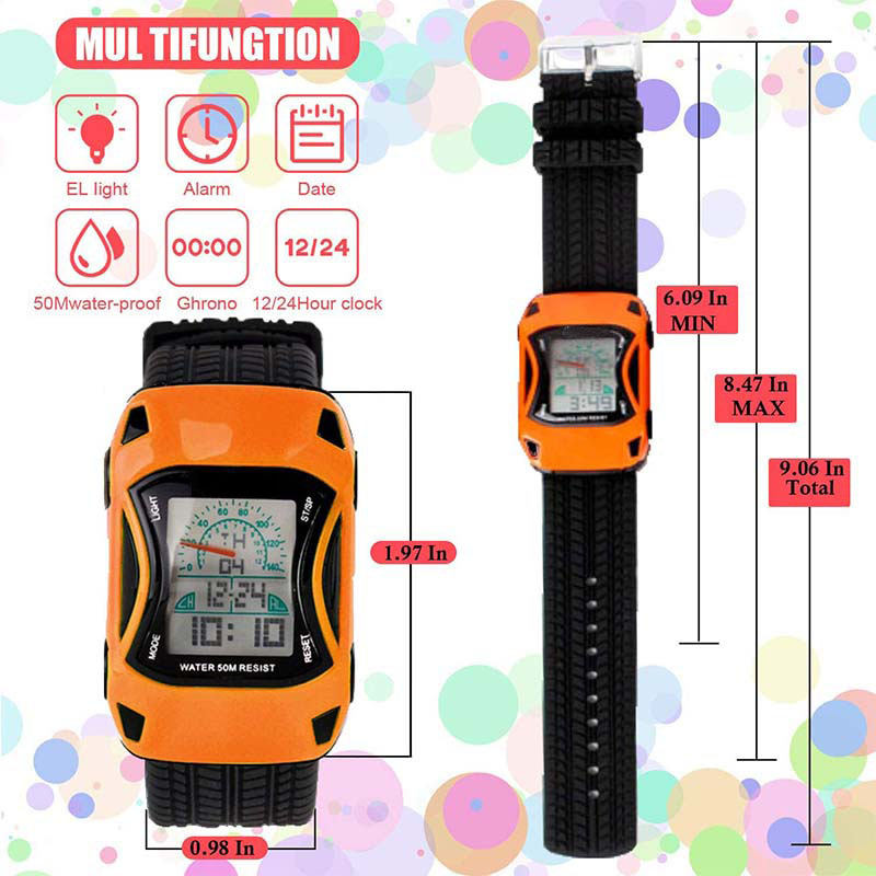 Kids Waterproof Sports Watches Digital LED Car Shape Watches-Orange