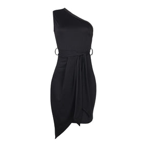 Solid Color Sleeveless Sloping Shoulder Strap Party Cocktail Dress-Black