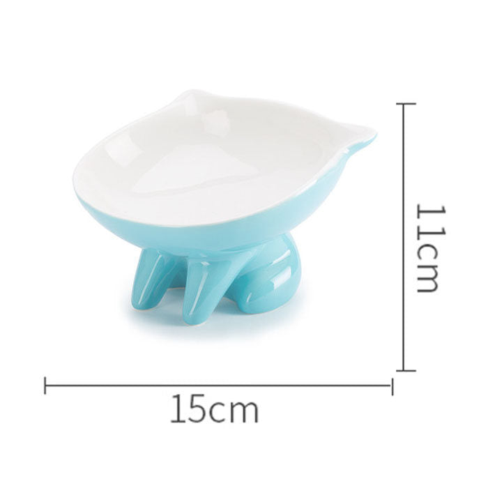 Raised Ceramic Cat Food Q Bowl Dish Tilt Angle Protect Cats Spine-Blue