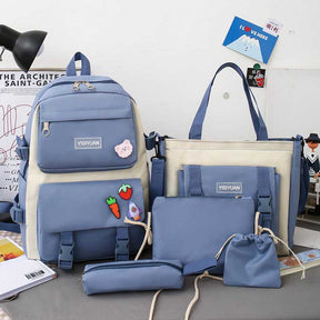 5Pcs Kawaii Backpack Set with Pendants Pins for School Teens-Blue