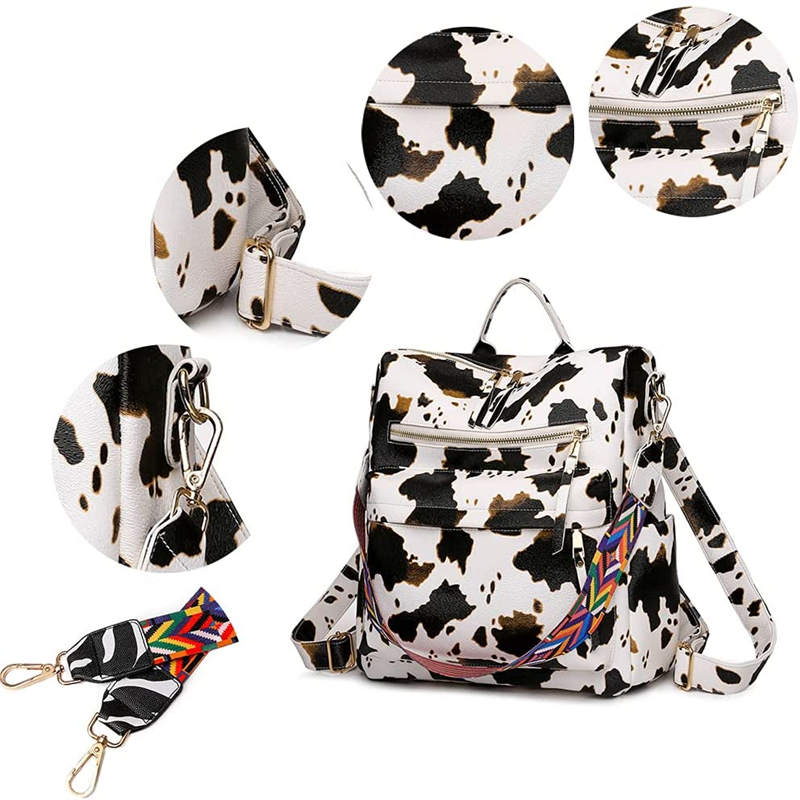 Fashion Backpack Multipurpose Print Leather Travel Shoulder Bag-Beige Cow Pattern