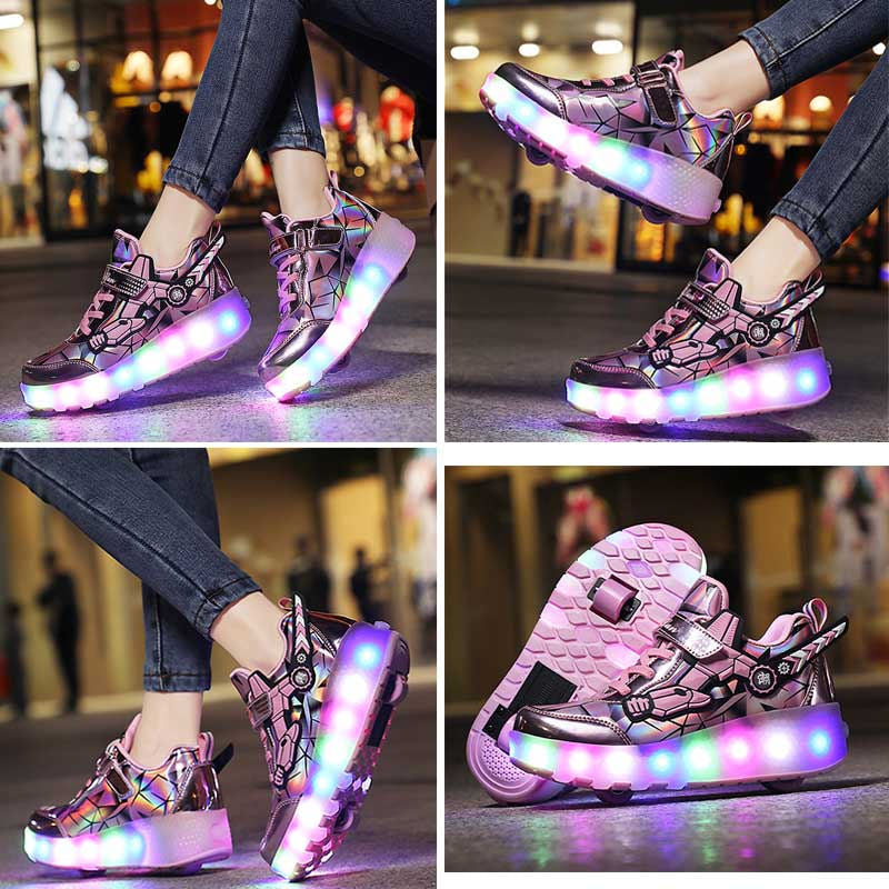 Rechargeable LED Light Shoes Roller Skates for Kids-2166 Pink