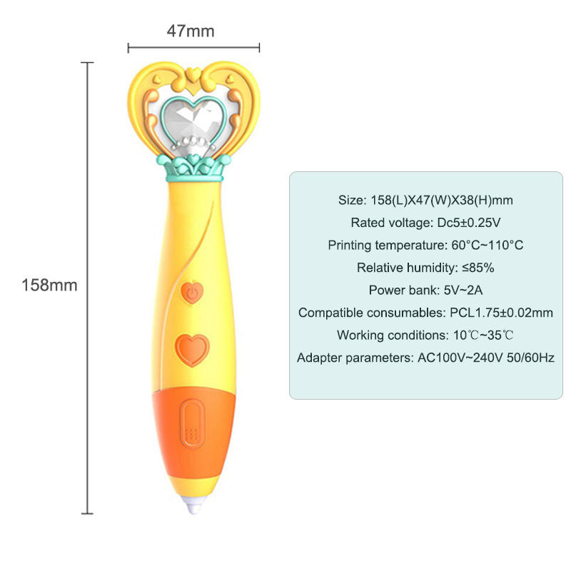 Magic Wand Shape 3D Printing Pen Kit Low Temperature Child Safe-Yellow