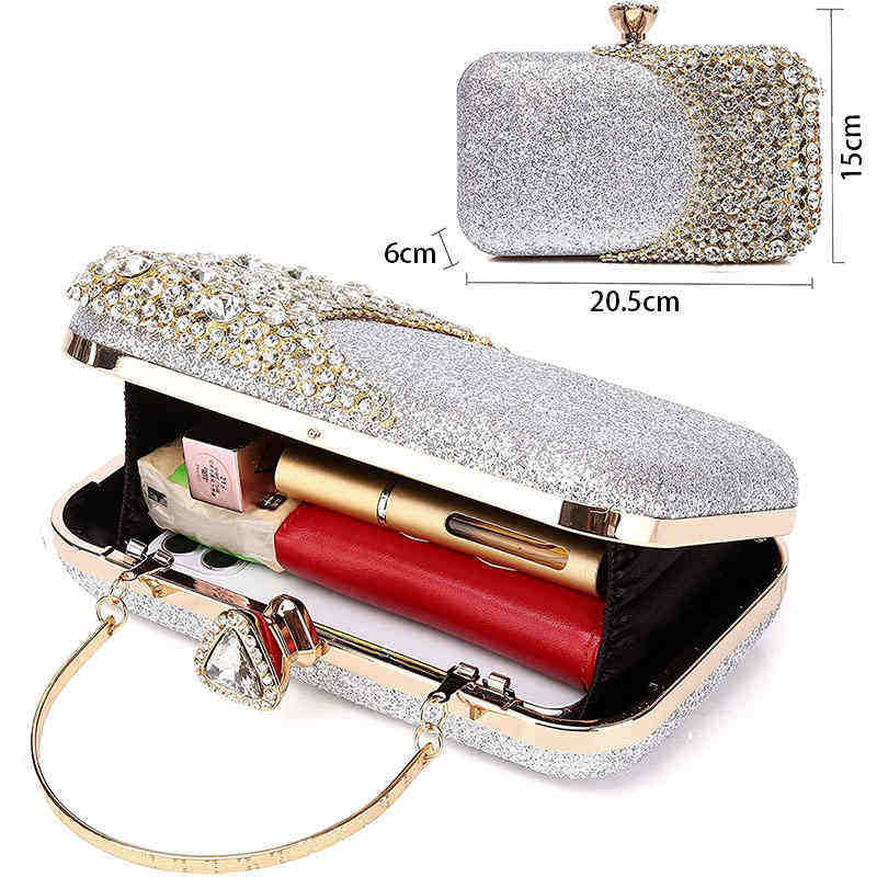 Womens Crystal Evening Clutch Bag Wedding Purse Party Bag-Silver