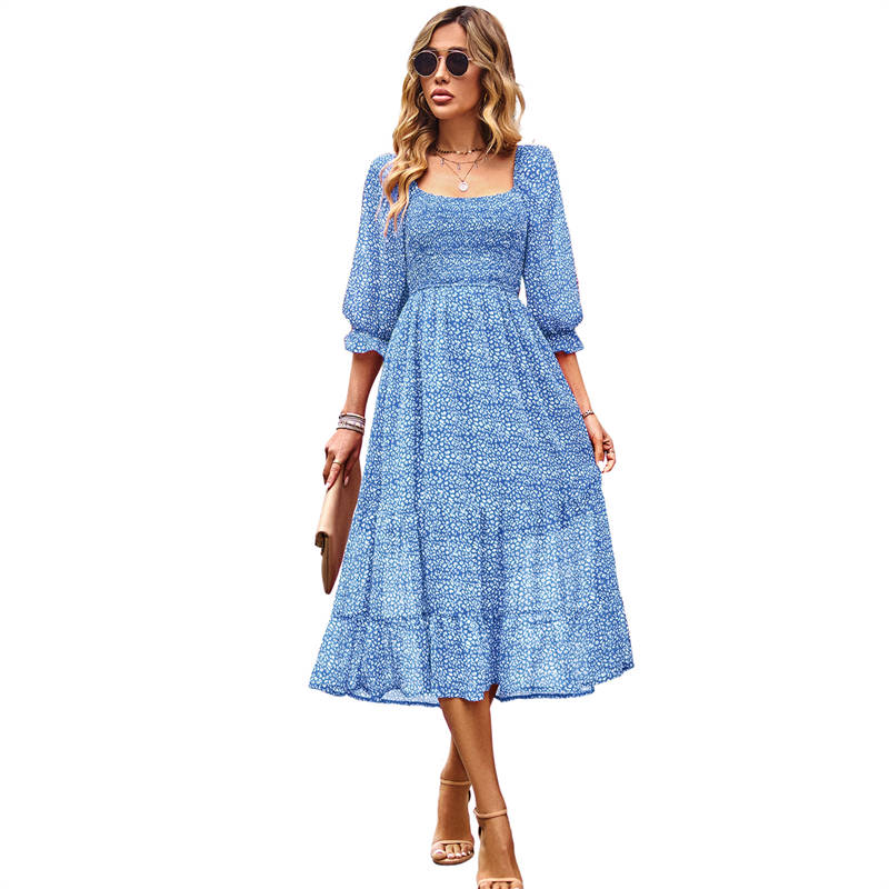 Women Casual Summer Dresses Square Neck Ruffle Floral Boho Maxi Dress-Blue