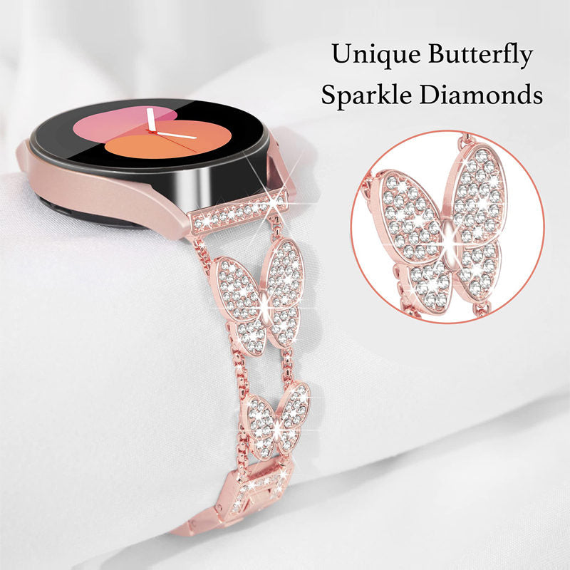 20mm Metal Watchband Butterfly Bling Diamond for Galaxy Watch 3/4/5-Rose Gold
