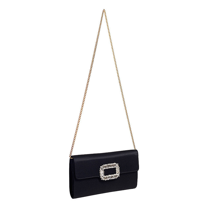 Womens Fashion Square Buckle Design Evening Bag with Chain Strap-Black
