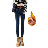 Womens Fleece Jeggings Stretch Tummy Control Jean Pants with Pocket-Grey Blue