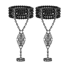 2Pcs Pearl Crystal Bracelet Ring All-in-one Chain for Women-Black