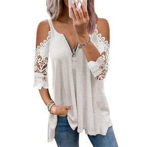 Cold Shoulder Tops For Women Sexy Low Cut V Neck Shirts with Lace 3/4 Sleeve-White