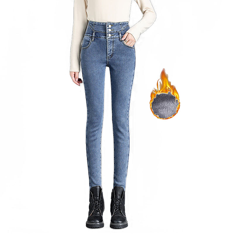Womens Fleece Jeans Stretch Slim Fit High Waist Denim Pants-Retro Blue