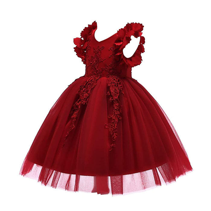 Princess Flower Girl Lace Dress Pageant Kids Christmas Party Dresses-Maroon