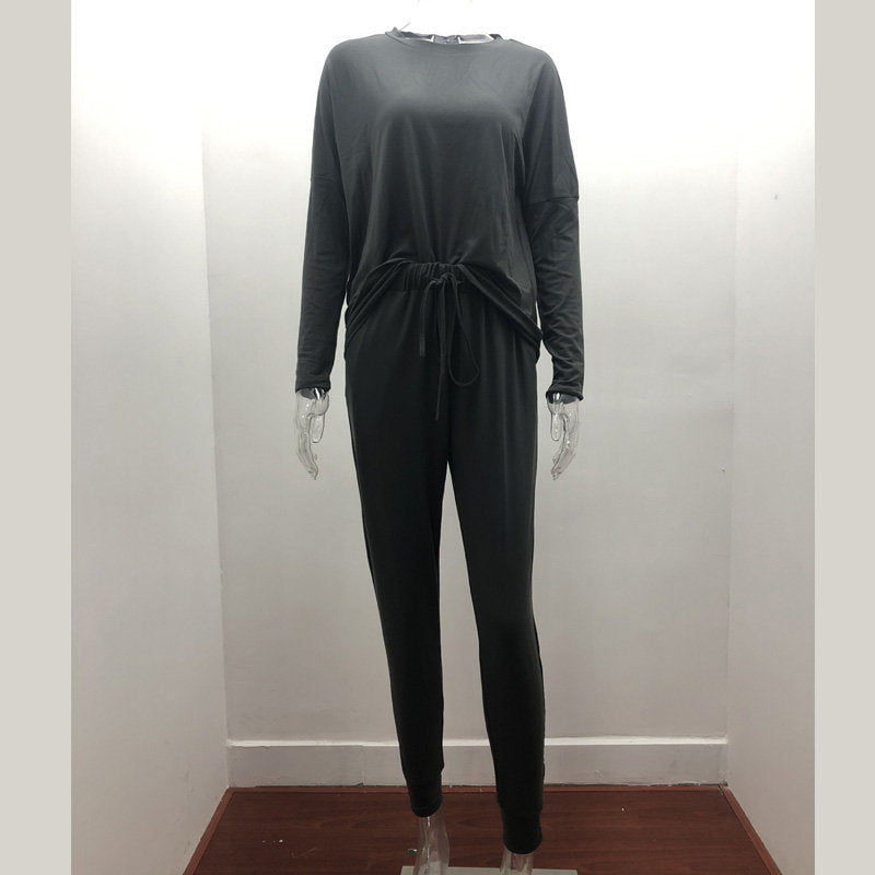 Women Loose Solid Color Long Sleeve Top Casual Drawstring Pants with Pockets-DarkGray