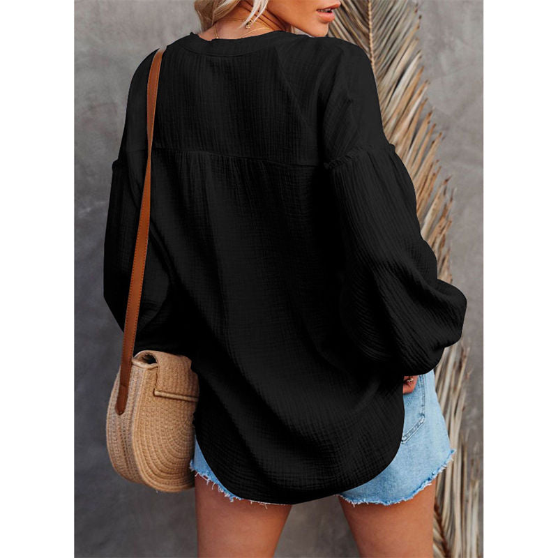 Womens Deep V Neck Lantern Sleeve Blouse Button Down Pullover Tops-Black