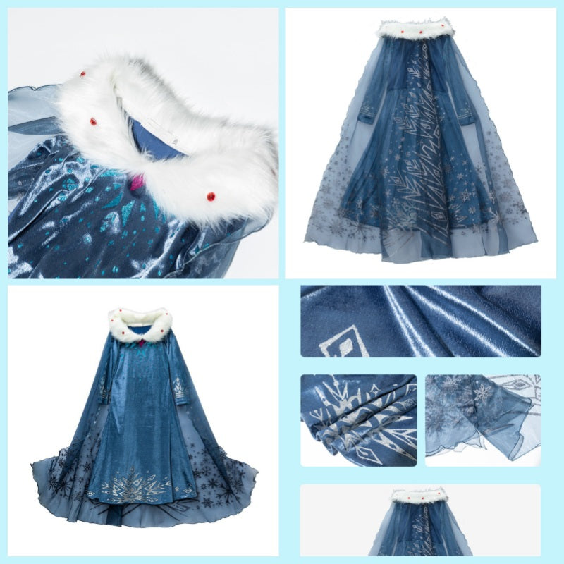 Winter Princess Dress for Girls Snow Queen Cloak Halloween Party Cosplay