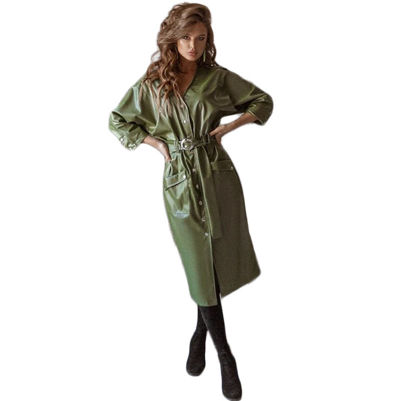 Womens PU Leather Dress V Neck 3/4 Sleeve with Belt Sexy Dress Spring-Green