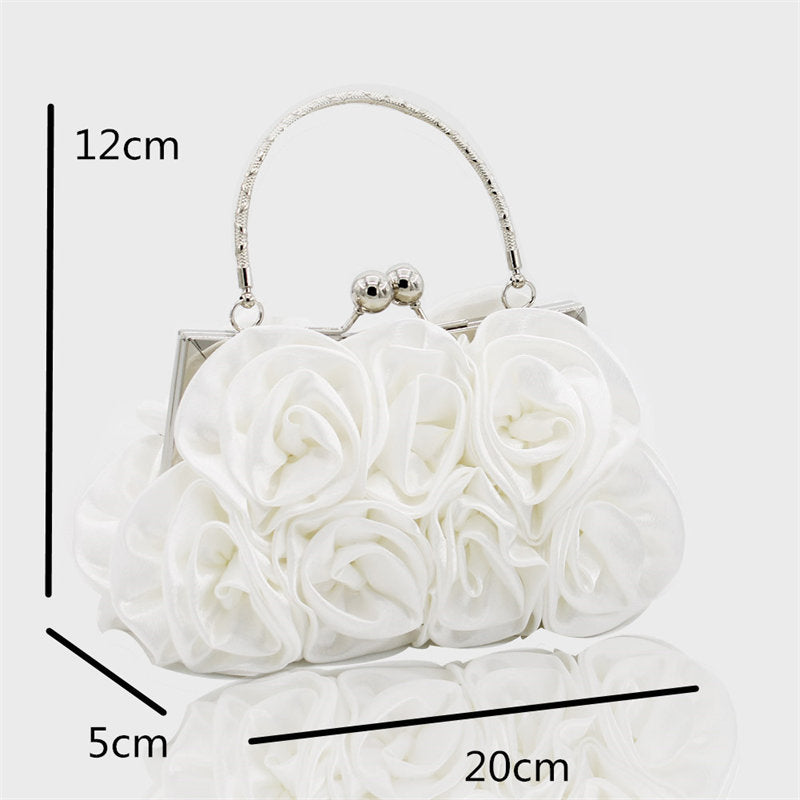 Roses Clutch Purse Satin Money Clip Evening Handbag-White
