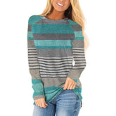 Womens Colorblock Striped Crewneck Loose Top Long Sleeve-LightGreen