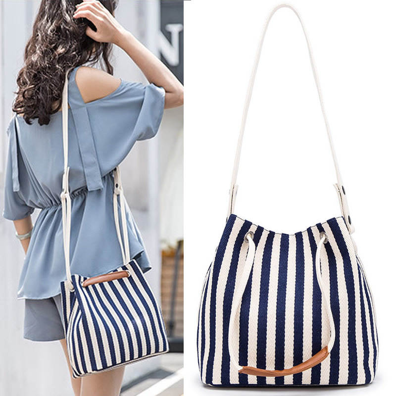 Womens Canvas Shoulder Bag Commuter Stripes Handbags-Blue