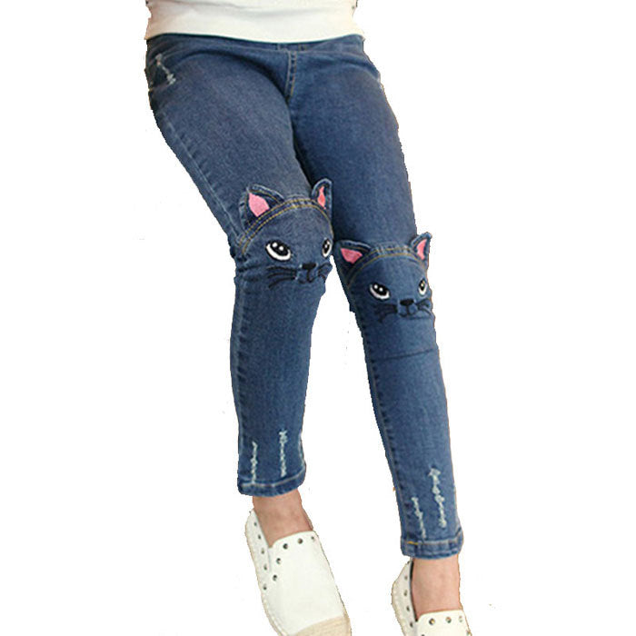 Big Girls Distressed Ripped Hole Teens Jean Blue Cat Slim Denim Pants