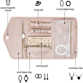 Travel Jewelry Organizer Roll Foldable Jewelry Case for Rings Necklaces - Pink