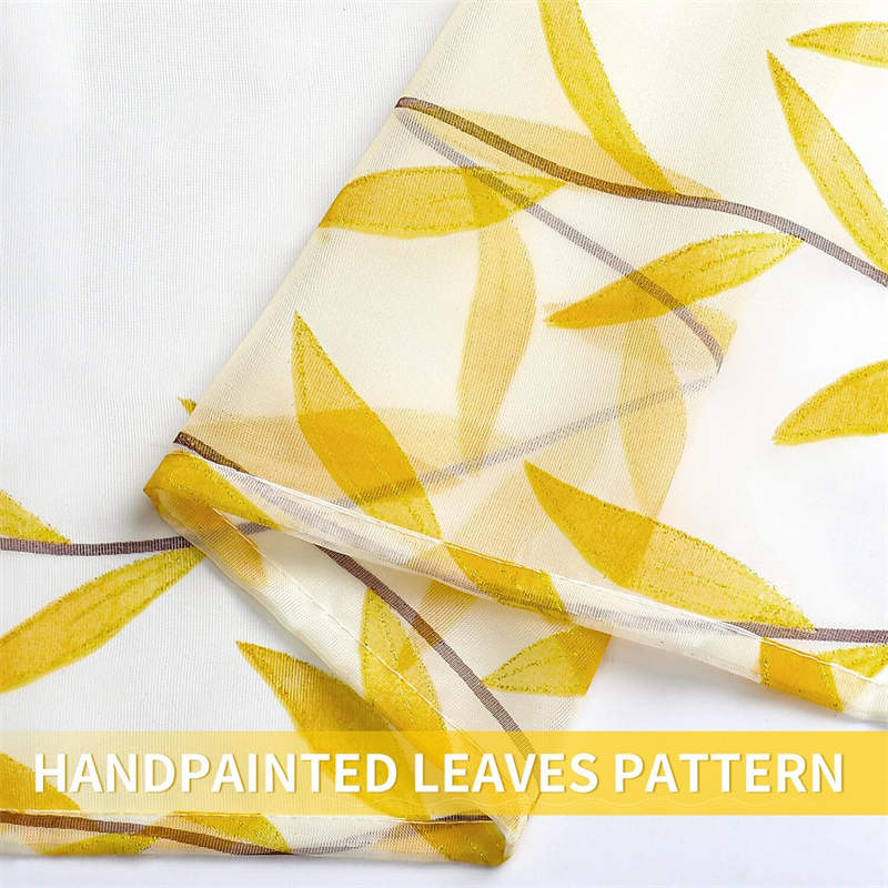 2 Panels Sheer Curtains Rod Pocket Willow Leaves Print for Living Room-Yellow