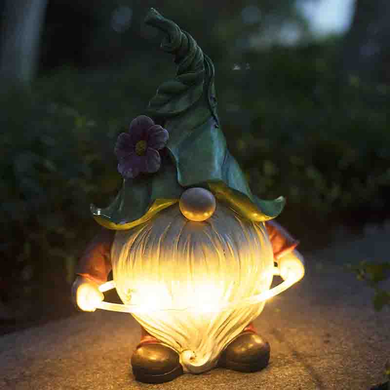 Garden Resin Gnome Figurine Playing Hoop with Solar LED Lights for Lawn Patio Garden Ornament Gift