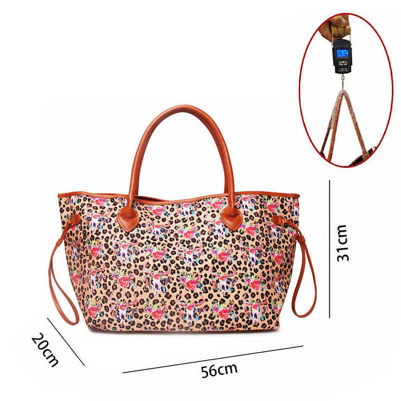 Leopard Print Striped Large Capacity Tote Bag PU leather Shopping Bag-LeopardBottomBullHeadPattern