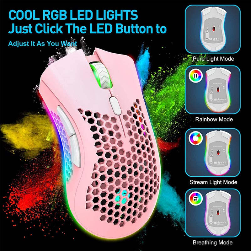 2.4G Wireless Lightweight Gaming Mouse with RGB Backlit Adjustable DPI-Pink