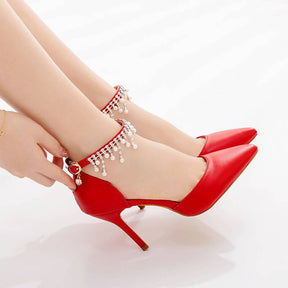 Pointed Toe 9.5cm High Heel Pearl Ankle Strap Wedding Dress Pump-Red