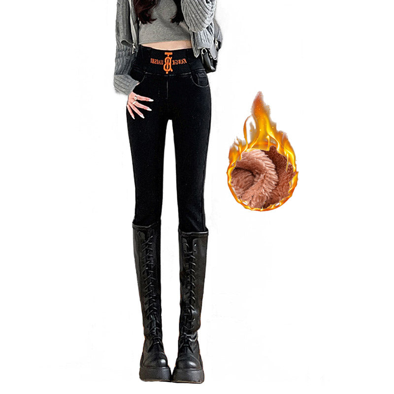 Womens Fleece Jeggings Stretch Tummy Control Jean Pants with Pocket-Black
