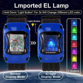 Kids Waterproof Sports Watches Digital LED Car Shape Watches-Blue