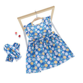 Baby Girl Waterproof Dress Bibs With 2 sleeves Covers-Blue Sun Flower