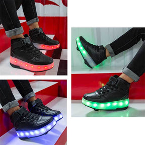 Kids Light Up Roller Skate Shoes High Top Sneakers Double Wheels-Black