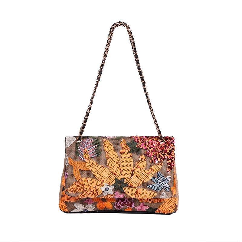 Women Fashion Crossbody Embroidery Shoulder Bag with Chain for Vacation-Orange