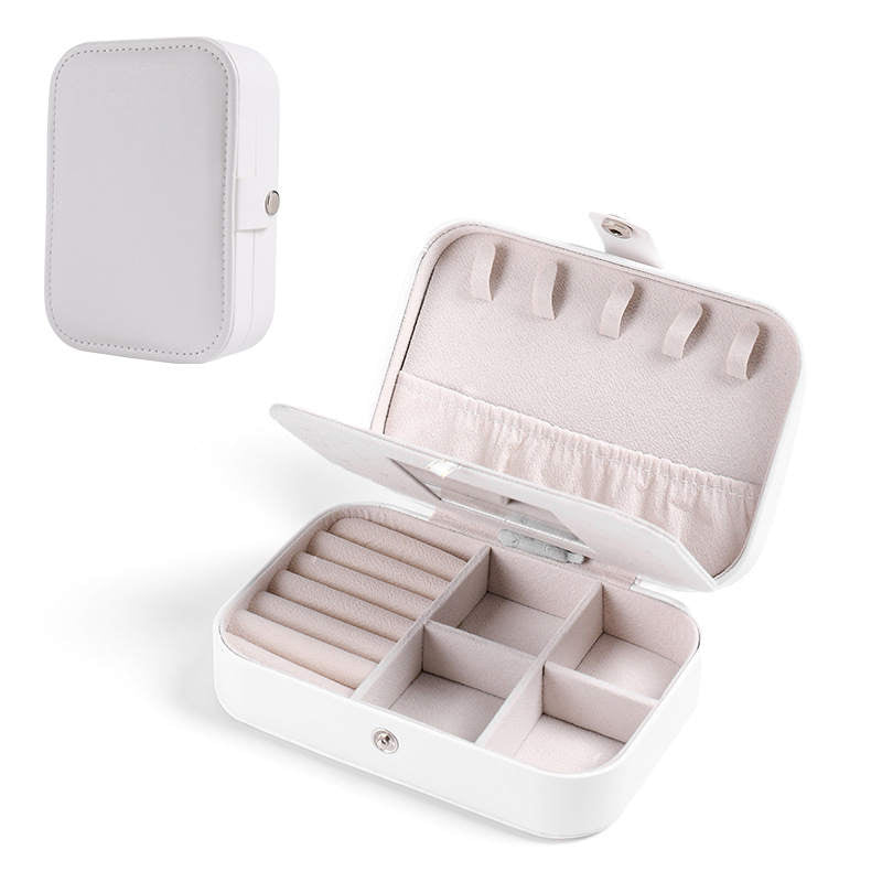 Small Jewelry Box Necklace Ring Double Layer Storage Bag Travel Organizer with Mirror -White