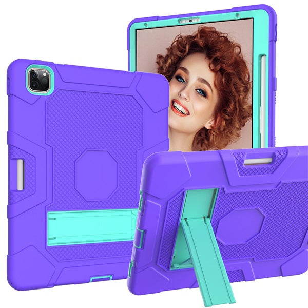 B3 Robot iPad Case Silicone Shockproof Protective Stand Cover For iPad Pro 12.9 2018/2020-Purple&Mint Green